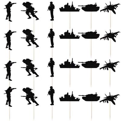 Bekaterea 24-Piece Black Military Themed Cake Toppers, Happy Birthday & Veterans Day Cake Decorating Supplies