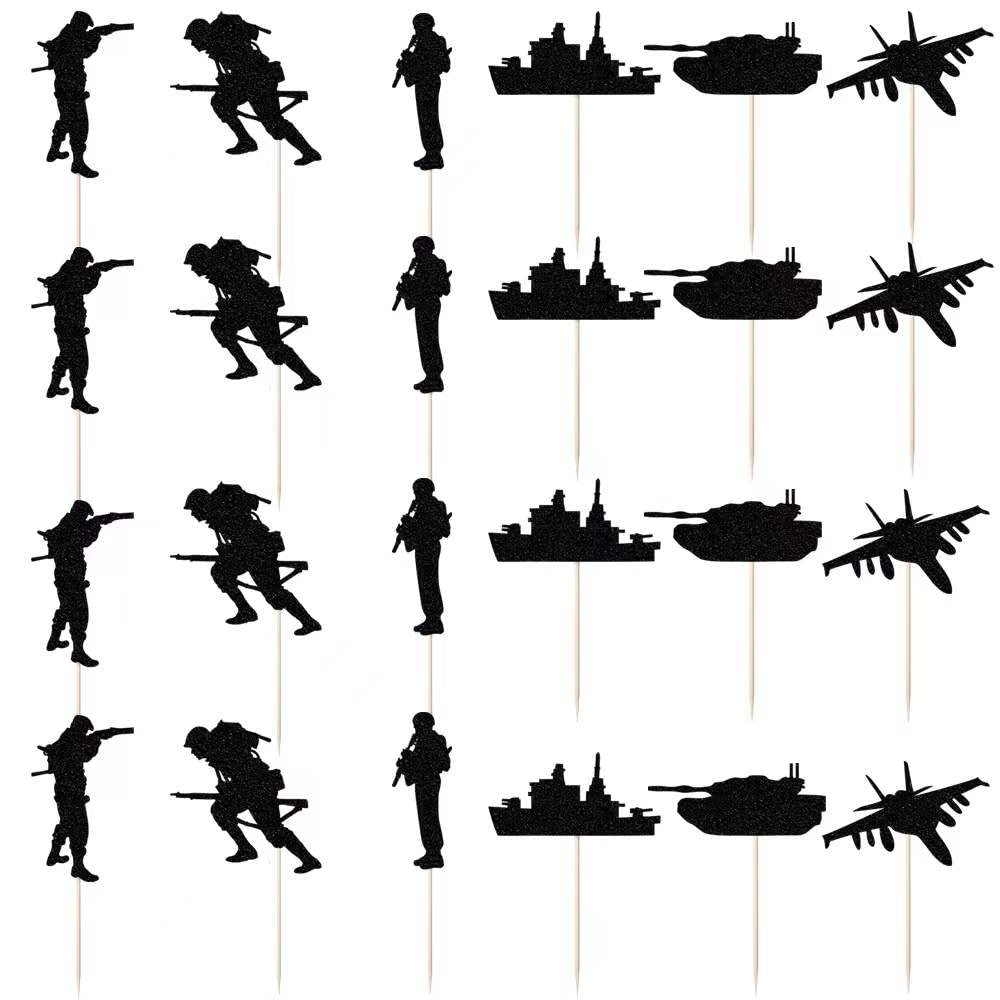 Bekaterea 24-Piece Black Military Themed Cake Toppers, Happy Birthday & Veterans Day Cake Decorating Supplies