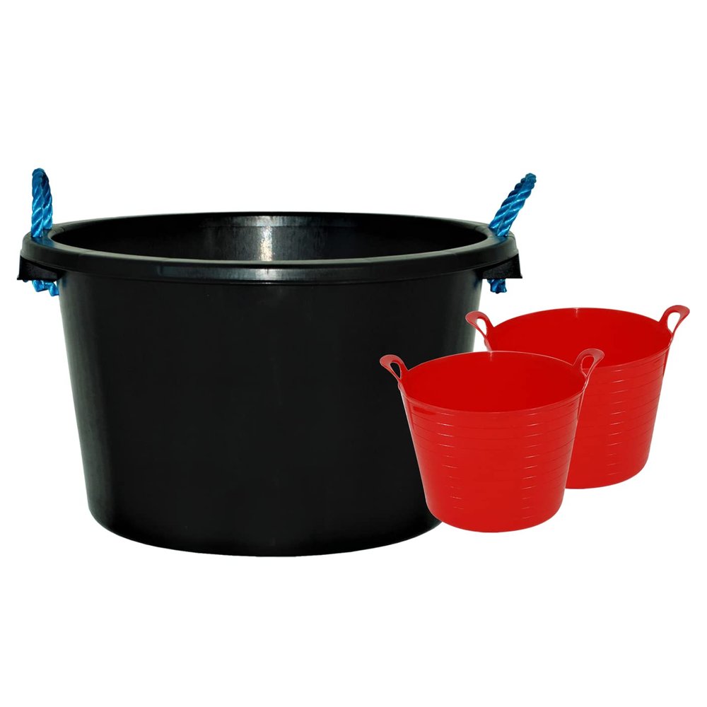 TENLITE Black 45L Rope Bucket + 2x 26 Litre Flexi Tubs (Choose Flexi Tub Colour From The Menu) Heavy Duty Plaster Mixing Cement Water Storage Bucket Garden Debris Rubbish Collection (Red)