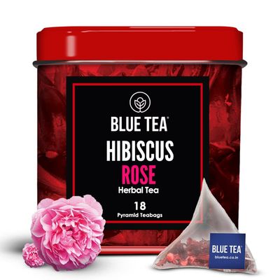 BLUE TEA - Hibiscus Rose Tea - 18 Biodegradable Tea Bags - Plant Based | SKIN GLOW ENHANCING TEA | Tangy Taste | Herbal Tea - Flower Based - Caffeine-free - Non-GMO | Tin Packaging
