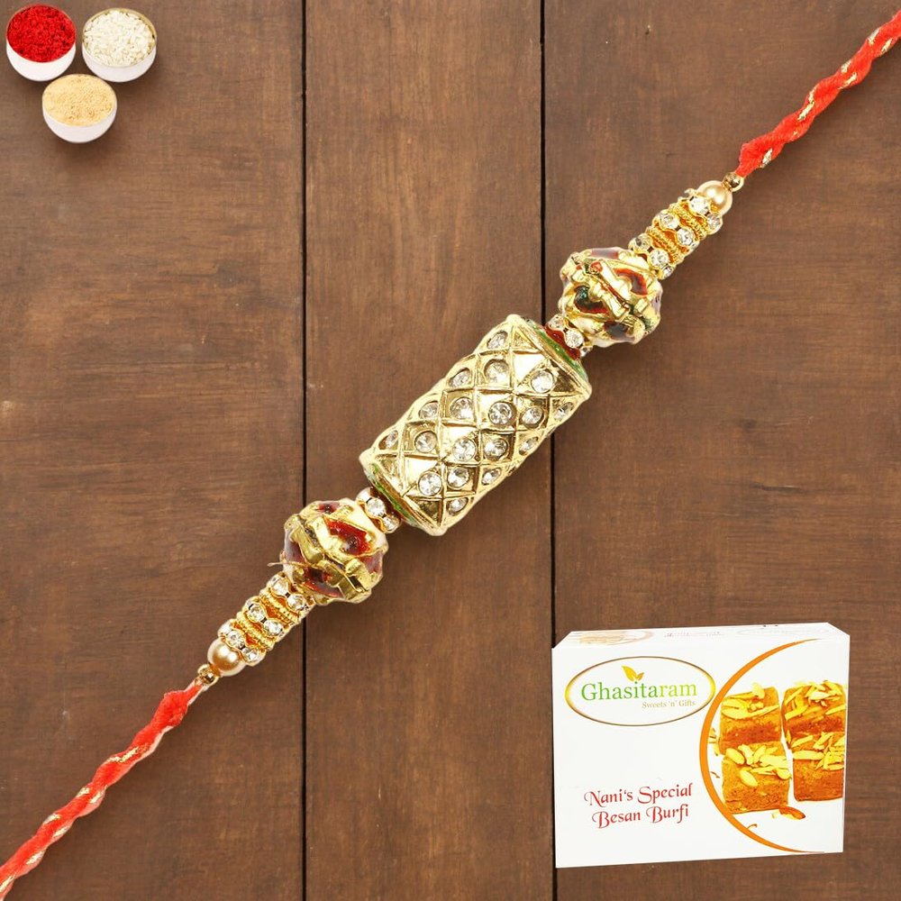 Ghasitaram Gifts Rakhi for Brother Rakhis Online - RM-579 PremiumRakhi with 200 GMS of Besan Barfi