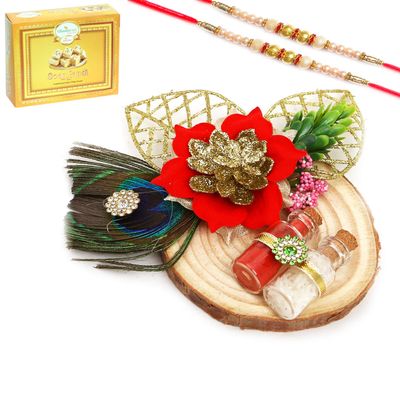 Ghasitaram Gifts Rakhi Gifts Pooja Thali - V-169 Tika Chawal Container with 2 Pearl rakhis with 200 GMS of Soan Papdi