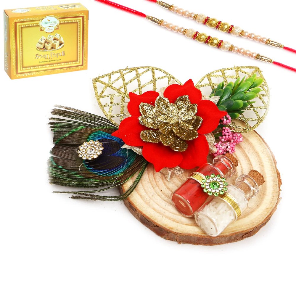 Ghasitaram Gifts Rakhi Gifts Pooja Thali - V-169 Tika Chawal Container with 2 Pearl rakhis with 200 GMS of Soan Papdi