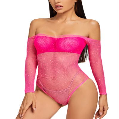 Adove Women's Sexy Sparkle Rhinestone Mesh Teddy Fishnet Lingerie One Piece Bodysuit, Straight, One size