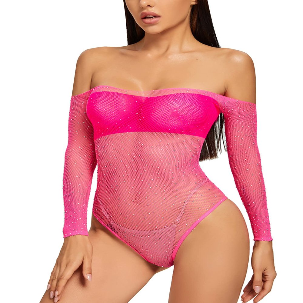 Adove Women's Sexy Sparkle Rhinestone Mesh Teddy Fishnet Lingerie One Piece Bodysuit, Straight, One size