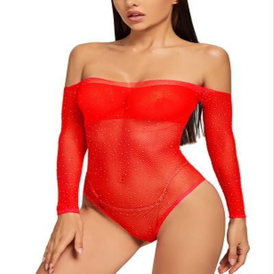 Adove Women's Sexy Sparkle Rhinestone Mesh Teddy Fishnet Lingerie One Piece Bodysuit, red, One size