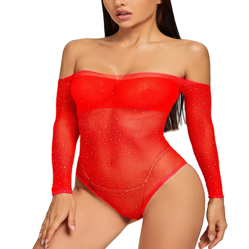 Adove Women's Sexy Sparkle Rhinestone Mesh Teddy Fishnet Lingerie One Piece Bodysuit, red, One size