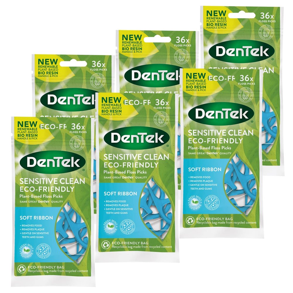 DenTek Eco-Friendly Sensitive Floss Picks with Soft Ribbon and Anti-Bacterial Dental Floss, Gentle on Teeth and Sensitive Gums, 36 Count x 6 packs (216 Picks)