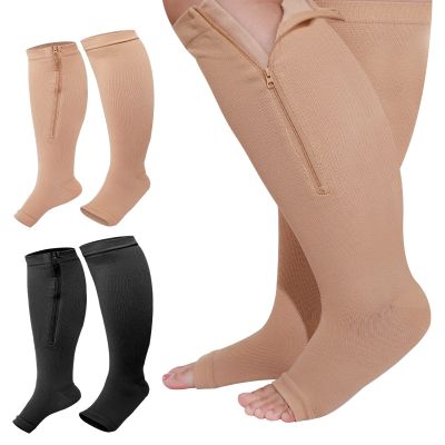 Hillban 2 Pair Wide Plus Size Calf Compression Socks with Zipper for Overweight Women Men 15 to 25 MmHg Zipper Compression Stockings, Open Toe, 4 XL