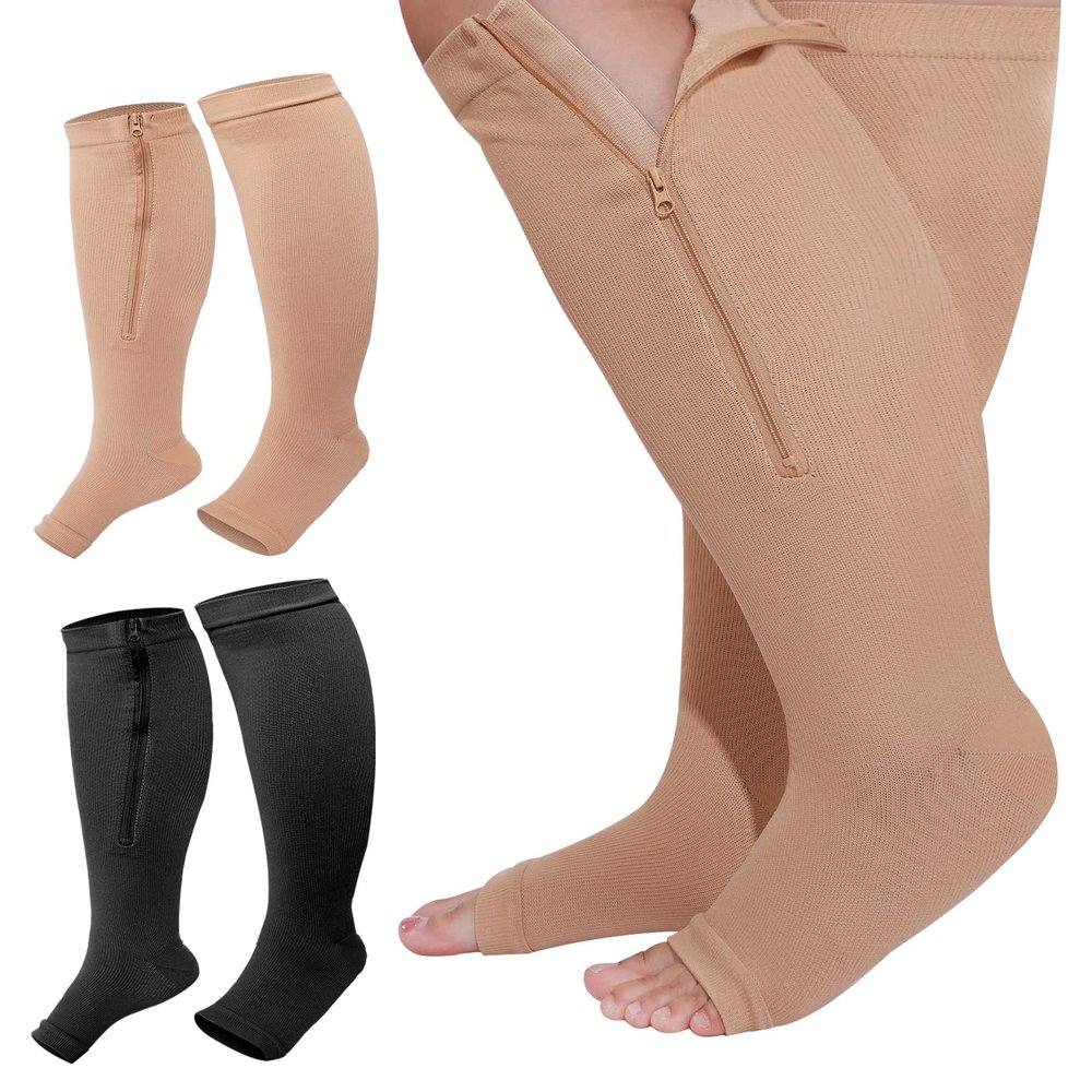 Hillban 2 Pair Wide Plus Size Calf Compression Socks with Zipper for Overweight Women Men 15 to 25 MmHg Zipper Compression Stockings, Open Toe, 4 XL