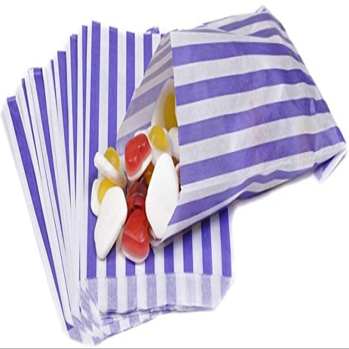 100 Candy Stripe Bags, Recyclable Purple Striped Sweet Bags Sweets Candies Cookies Wedding Buffet, Paper Sweet Bags For Cake Party Gift Shop, 5" x 7"