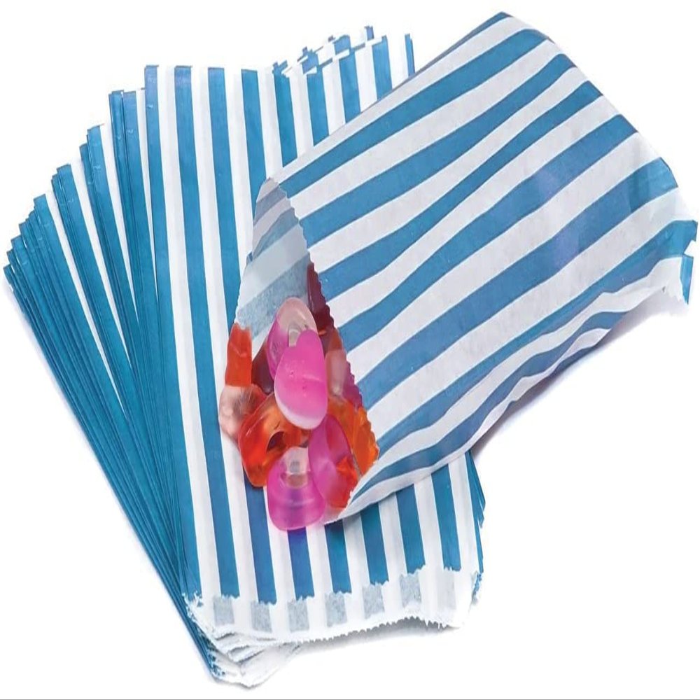 100 Candy Stripe Bags, Recyclable Light Blue Striped Sweet Bags Sweets Candies Cookies Wedding Buffet, Paper Sweet Bags For Cake Party Gift Shop, 5" x 7"