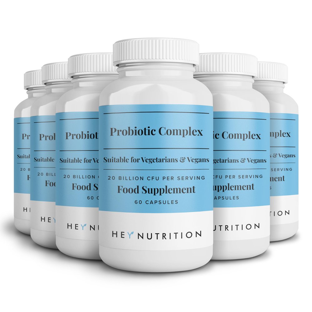 Hey Nutrition Probiotic Complex Supplement - 20 Billion CFU - Suitable for Vegetarians & Vegans - Supports Gut & Skin Health, Improves Immune Response - UK Manufactured - 6 Pack - 360 Vegan Capsules