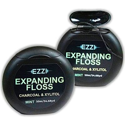 EZZI Woven Expanding Dental Floss | Naturally Waxed & Textured w/Charcoal & Xylitol to Optimally Clean Gums | Mint Flavored and 100 Meters