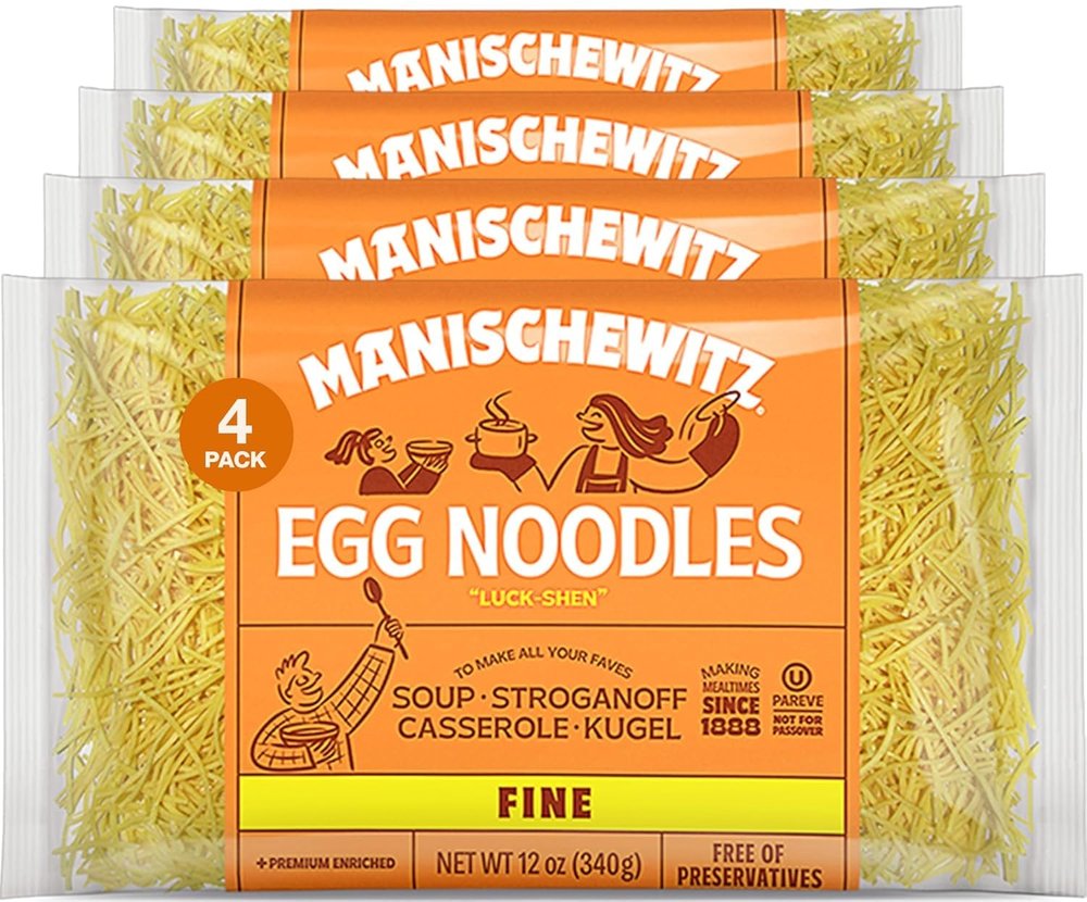 Manischewitz Premium Enriched Fine Egg Noodles 340g (Pack of 4) Great in Soups & Stews, No Preservatives, Low Sodium