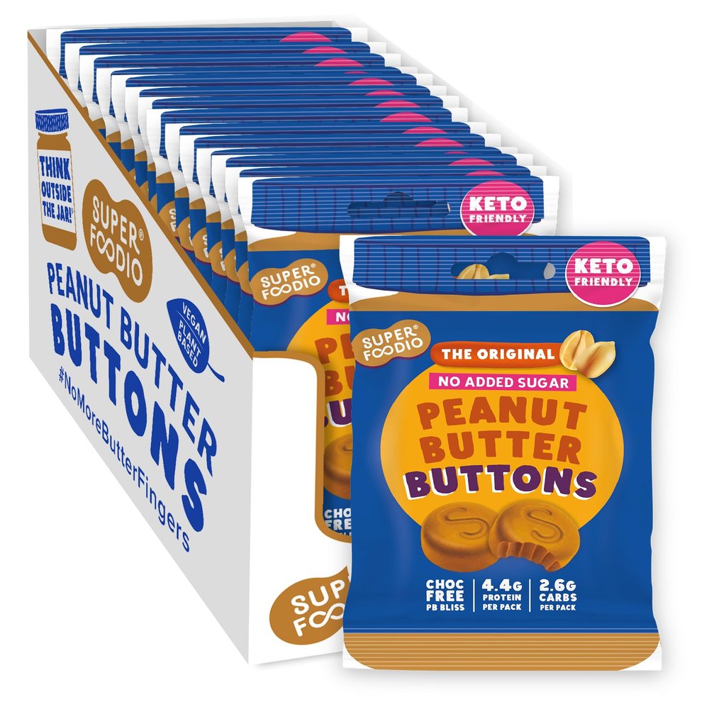 SUPERFOODIO Peanut Butter Buttons | No Added Sugar Original Flavour (Keto friendly) | Low Carb Snack & Vegan | All-Natural | Protein | Keto Snack (20g x 15 Packs)