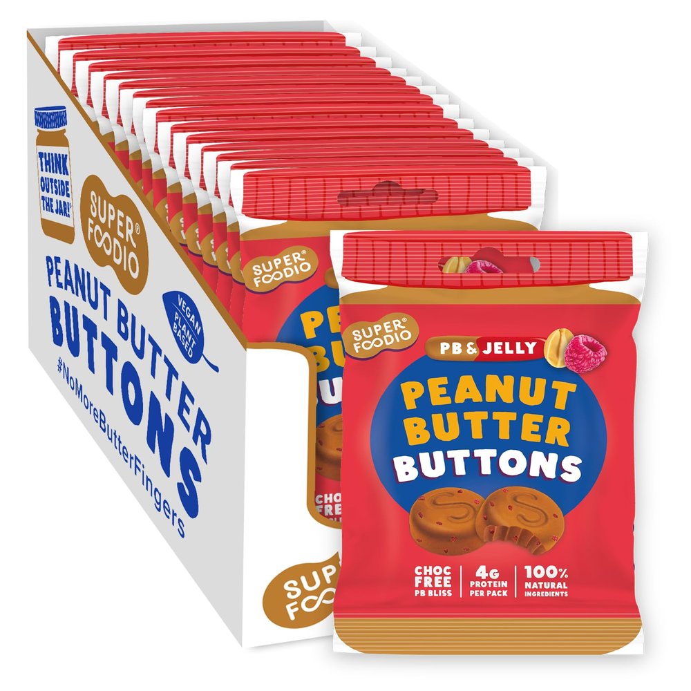 SUPERFOODIO Peanut Butter Buttons | PB&J Flavour | Vegan & Low Carb | All-Natural | Protein | No Refined Sugar (20g x15 Packs)
