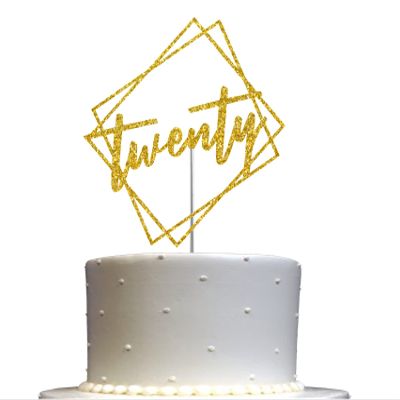 Twenty Cake Topper Gold Glitter, Modern Design 20 Birthday, Days, Months, Anniversary Party Decoration Ideas, Premium Quality, Sturdy Doubled Sided Glitter, Acrylic Stick. Made in USA