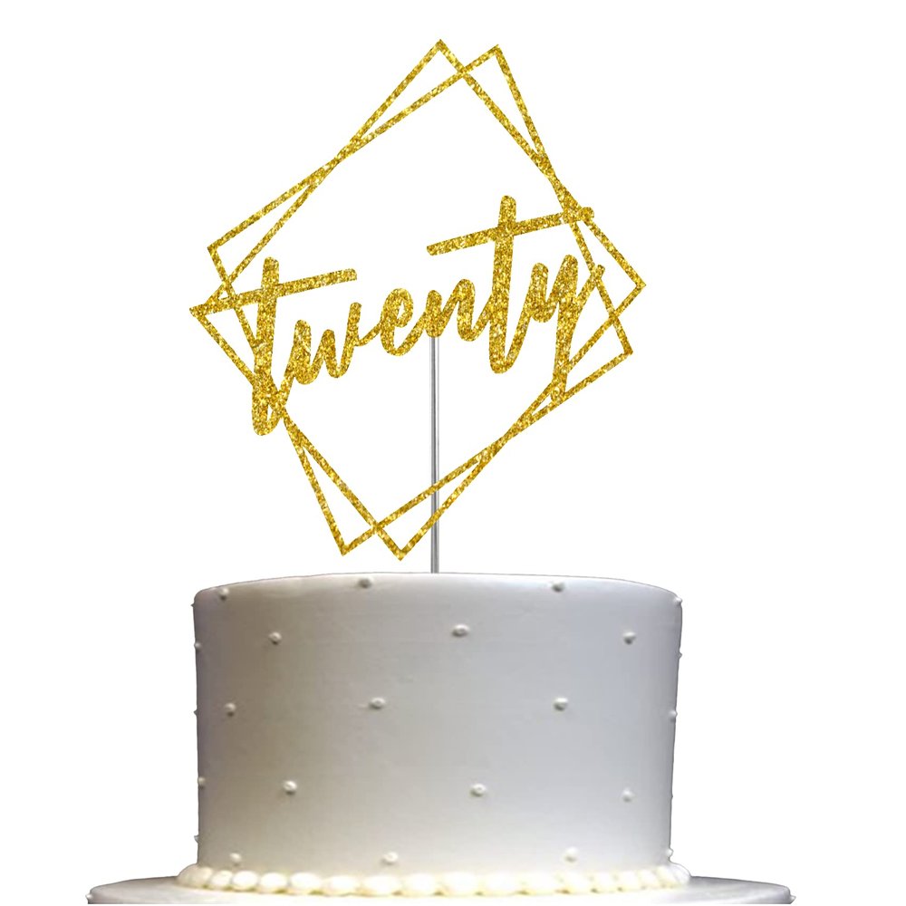Twenty Cake Topper Gold Glitter, Modern Design 20 Birthday, Days, Months, Anniversary Party Decoration Ideas, Premium Quality, Sturdy Doubled Sided Glitter, Acrylic Stick. Made in USA