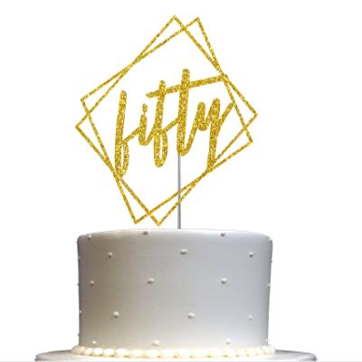 Fifty Cake Topper Gold Glitter, Modern Design 50 Birthday, Days, Months, Anniversary Party Decoration Ideas, Premium Quality, Sturdy Doubled Sided Glitter, Acrylic Stick. Made in USA