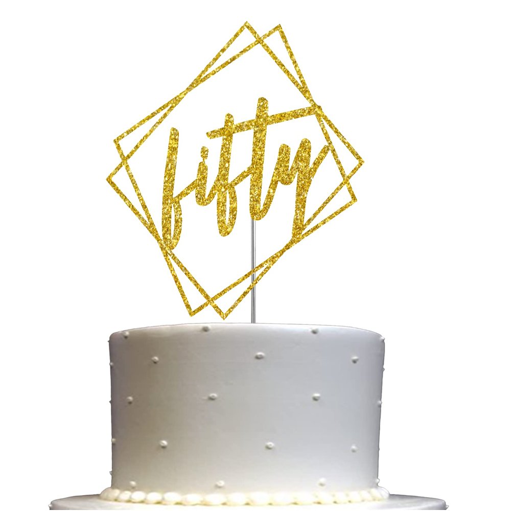 Fifty Cake Topper Gold Glitter, Modern Design 50 Birthday, Days, Months, Anniversary Party Decoration Ideas, Premium Quality, Sturdy Doubled Sided Glitter, Acrylic Stick. Made in USA