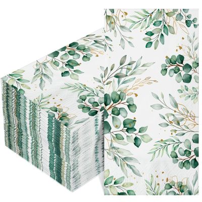 100 Pcs Eucalyptus Napkins 3 Ply Disposable Eucalyptus Leaf Paper Green Leaves Guest Towels Cocktail Napkins Greenery Paper Napkins for Home Party Birthday Baby Shower (8 x 4.3 Inch Folded)