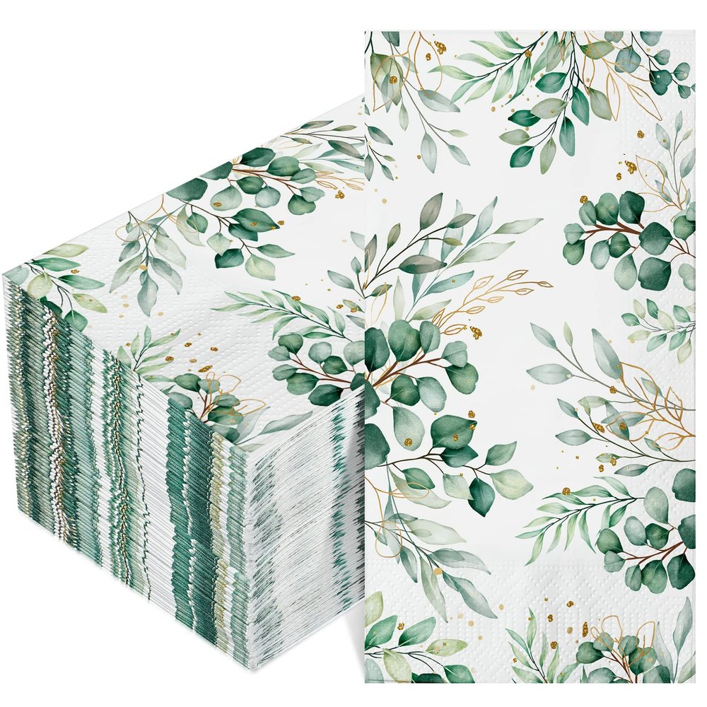 100 Pcs Eucalyptus Napkins 3 Ply Disposable Eucalyptus Leaf Paper Green Leaves Guest Towels Cocktail Napkins Greenery Paper Napkins for Home Party Birthday Baby Shower (8 x 4.3 Inch Folded)