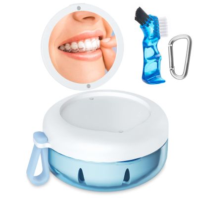 Denture Bath Box, Retainer Case for Braces, Leakproof Portable Retainer Box, Denture Cleaning Kit with Cleaner Brush Carabiner, Strainer & Mirror, Denture Cup for Aligner Retainer Mouth Guard