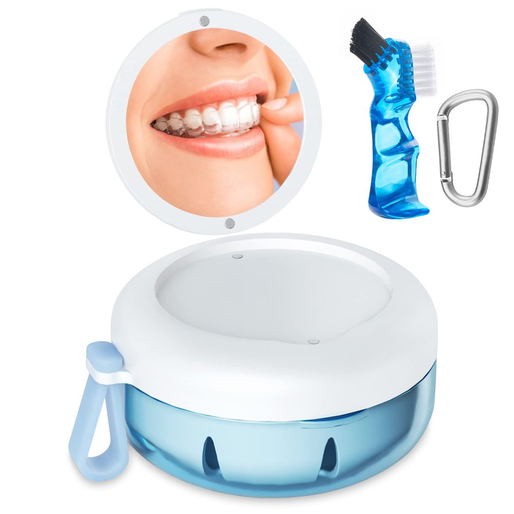 Denture Bath Box, Retainer Case for Braces, Leakproof Portable Retainer Box, Denture Cleaning Kit with Cleaner Brush Carabiner, Strainer & Mirror, Denture Cup for Aligner Retainer Mouth Guard