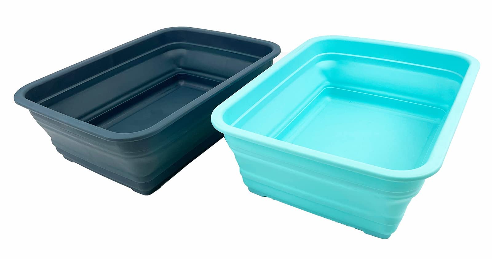 SAMMART 8L Set of 2 Collapsible Tub - Foldable Dish Tub - Portable Washing Basin - Space Saving Plastic Washtub (Turquoise Blue + Leaf Blue)