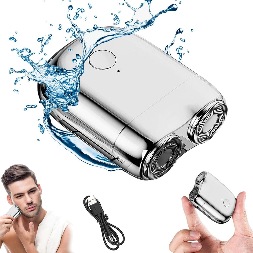 Waterproof Portable Mini USB Rechargeable Cordless Electric Rotary Men's Shaver,Pocket Size Washable Electric Razor,Double-Headed Shaver,Waterproof and Silent,Shaving Trimmer,Present for Men (Silver)