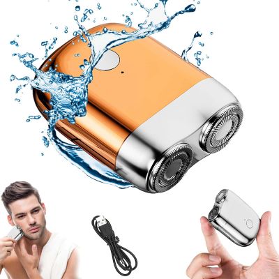 Waterproof Portable Mini USB Rechargeable Cordless Electric Rotary Men's Shaver,Pocket Size Washable Electric Razor,Double-Headed Shaver,Waterproof and Silent,Shaving Trimmer,Present for Men (Orange)