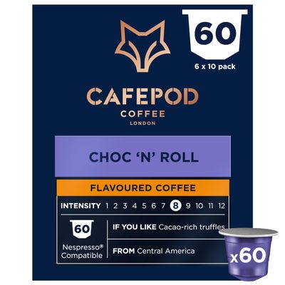 CafePod Flavoured Espresso Coffee Pods - Compatible with Nespresso Coffee Machine, Intensity 8, Refined and Indulgent with Dark Chocolate - Rainforest Alliance Sourced - Choc n Roll 60 Capsules