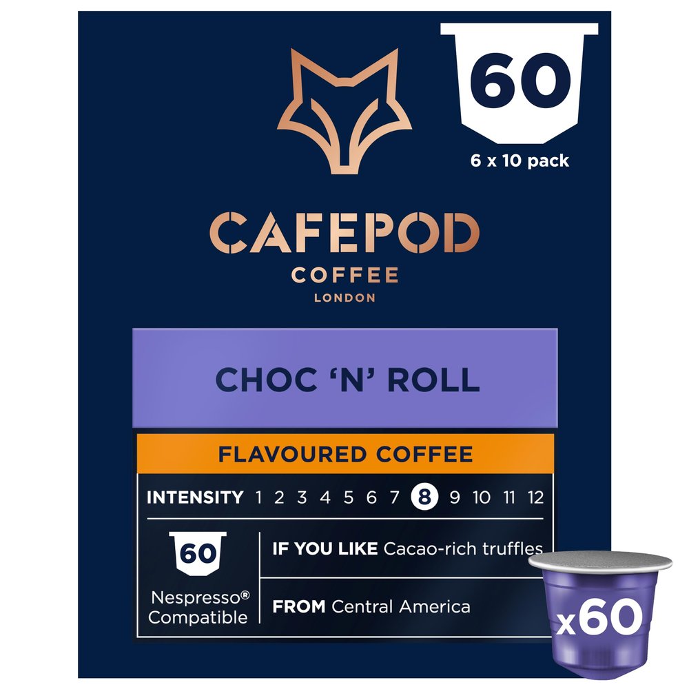 CafePod Flavoured Espresso Coffee Pods - Compatible with Nespresso Coffee Machine, Intensity 8, Refined and Indulgent with Dark Chocolate - Rainforest Alliance Sourced - Choc n Roll 60 Capsules