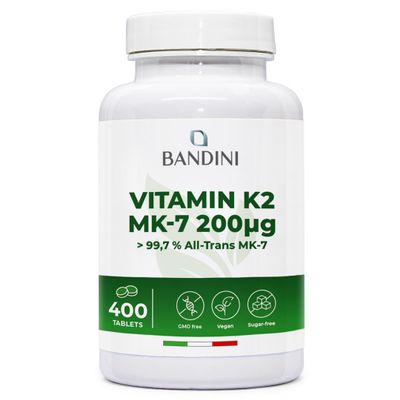 Bandini Vitamin K2 MK7 200mcg | 400 Vegan Tablets | 1 a Day/+1 Year Supply | High Strength Menaquinone MK-7 | VIT K 2 MK 7 | Supports Normal Bones Manteinance | GMO-Free | Italian Quality