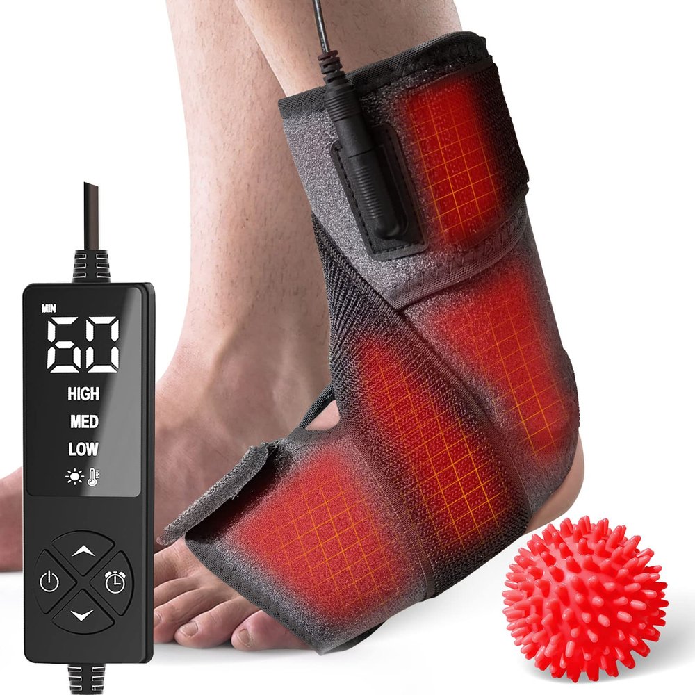 Ankle Heating Pad for Achilles Tendonitis and Plantar Fasciitis Relief, Heated Ankle Brace Foot Heating Pad Wrap with Massage Ball for Sprained Ankle, Arthritis Foot Heel Pain Relief Women Men (Gray)