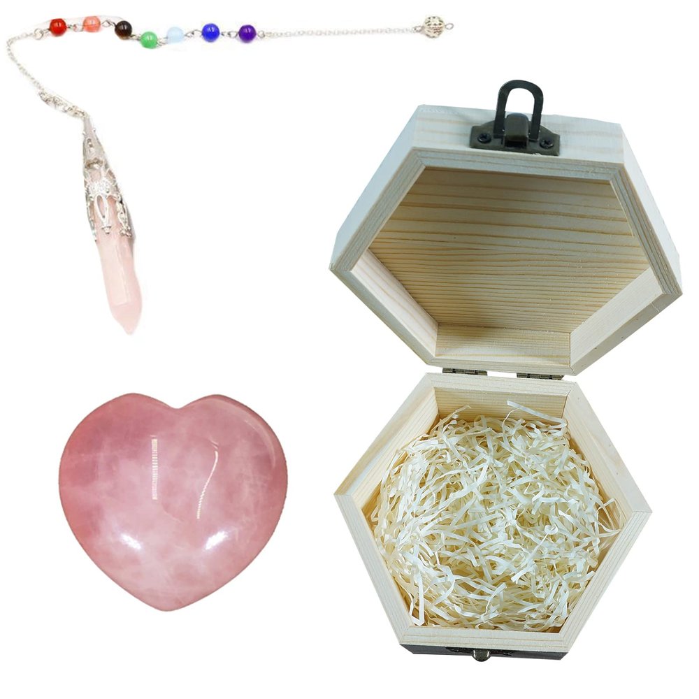 Healing Crystal Natural Rose Quartz Crystal Heart Shape Love Stone Seven Chakra Crystal Pink Crystal Pendant Pendulum Wooden Hexagon Gift Box Packing Reiki Meditation Spiritual