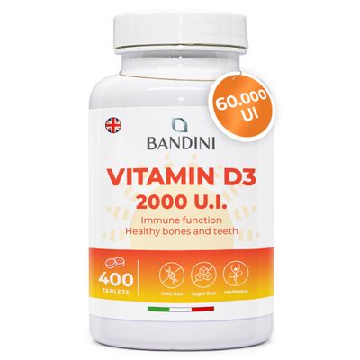 Bandini Vitamin D 60,000 IU/Month 400 Tablets (+1 Year), Immune Defence, Bone, Teeth and Muscle Health, Calcium Metabolism, 50 mcg Cholecalciferol, Pure Vitamins D3, VIT D 3 High Dosage