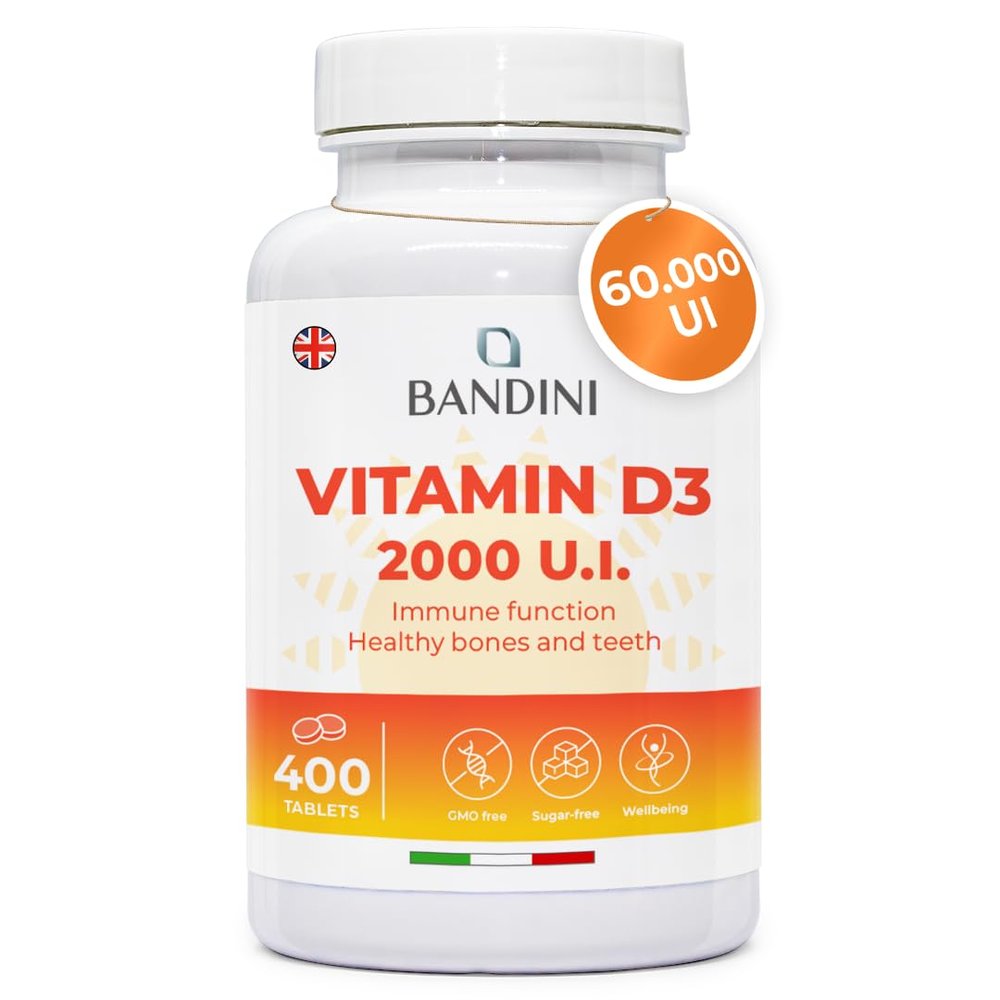 Bandini Vitamin D 60,000 IU/Month 400 Tablets (+1 Year), Immune Defence, Bone, Teeth and Muscle Health, Calcium Metabolism, 50 mcg Cholecalciferol, Pure Vitamins D3, VIT D 3 High Dosage