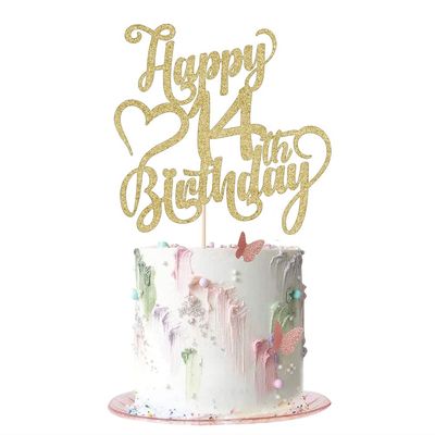AROKIPPRY Gold Glitter Happy 14th Birthday Cake Topper - 14 Anniversary/Birthday - Hello 14, Cheers to 14 Years,14 & Fabulous Cake Topper Party Decoration