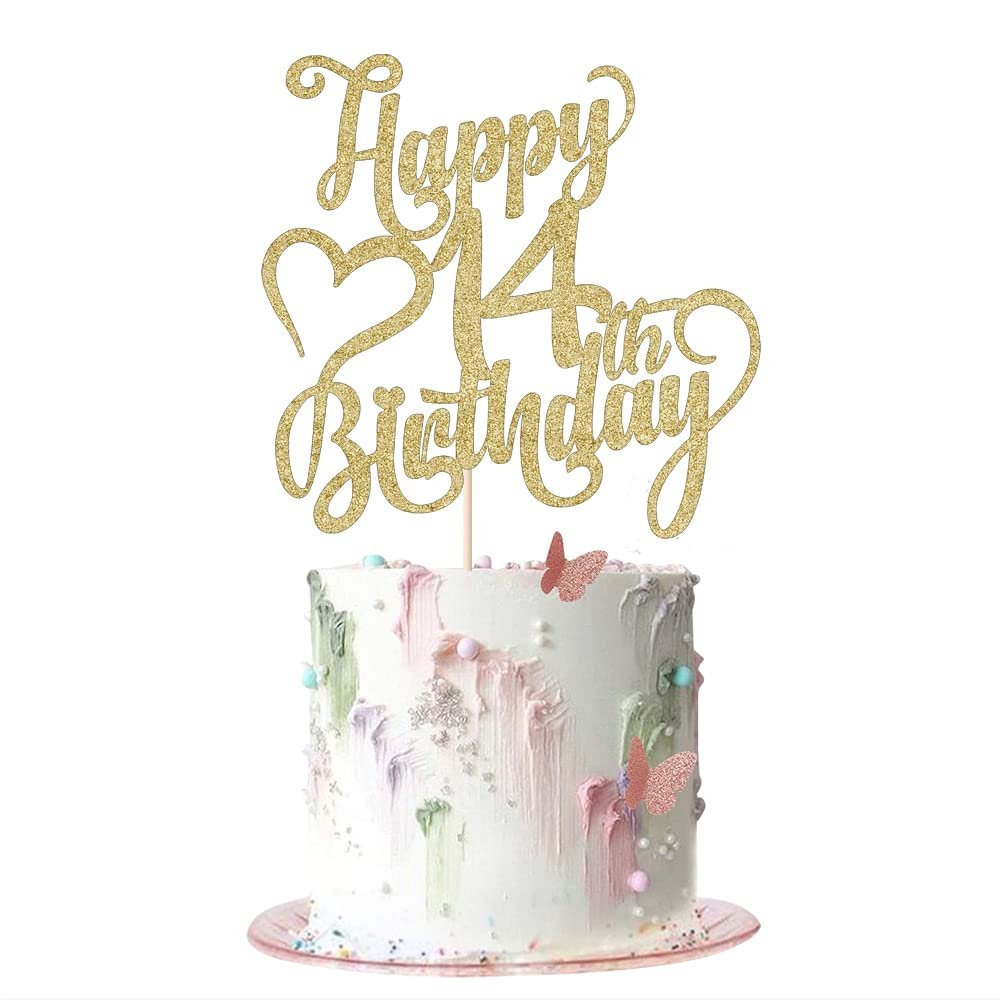AROKIPPRY Gold Glitter Happy 14th Birthday Cake Topper - 14 Anniversary/Birthday - Hello 14, Cheers to 14 Years,14 & Fabulous Cake Topper Party Decoration