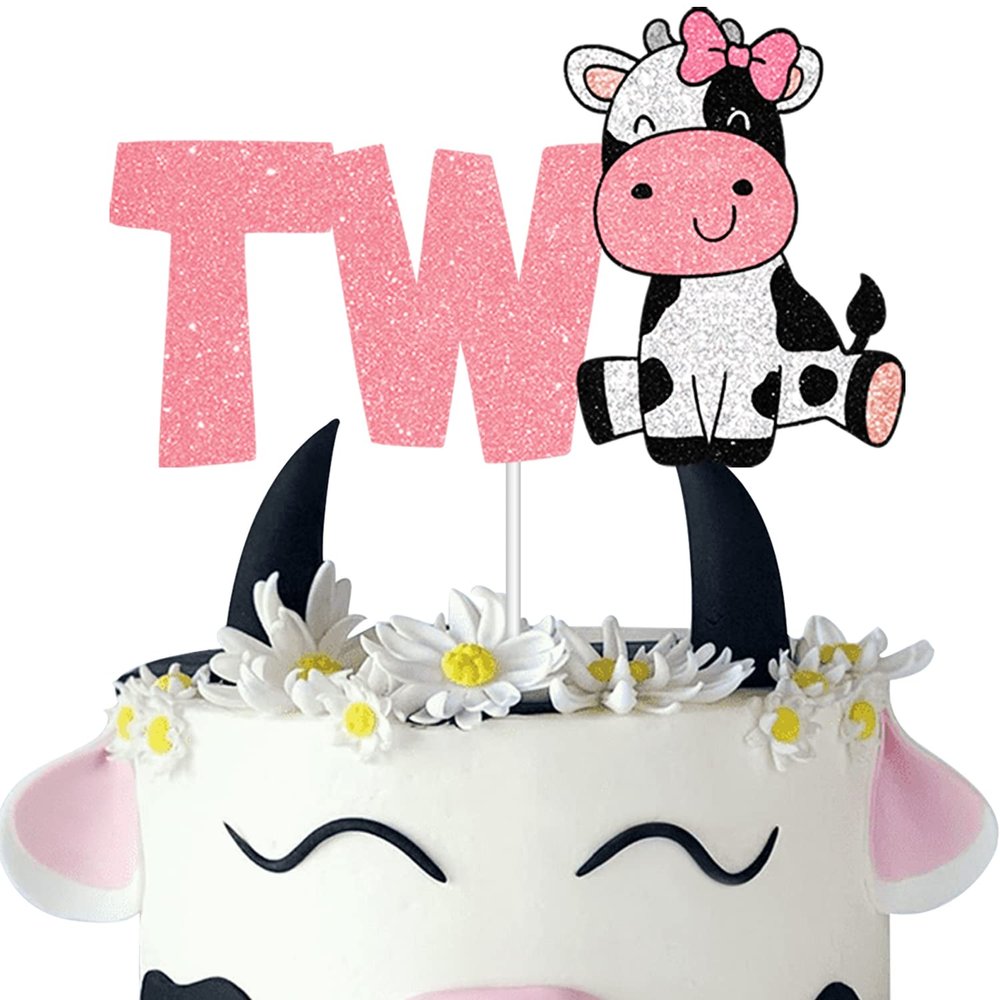 Cow Two Happy Birthday Cake Topper for 2nd Girls Boys Birthday Party - Second Birthday Cow Farm Animal Theme Baby Shower DecorationsPink & Black Glitter