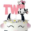 Cow Two Happy Birthday Cake Topper for 2nd Girls Boys Birthday Party - Second Birthday Cow Farm Animal Theme Baby Shower DecorationsPink & Black Glitter view 1