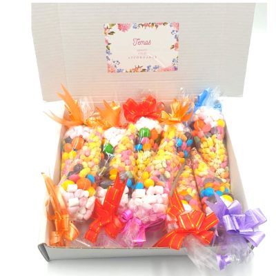 10 X Prefilled Sweet Cones Party Bag Ribbon Bow Design| Adult & Kids Party Bags & Partyy Favour | Baby Shower |Variety Flavours- sweet, Marshmallow, Rainbow