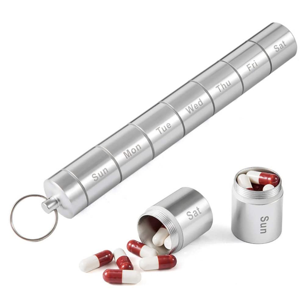 Metal Weekly Pill Box Split Within 7 Days Modern Keychain for Bag Strong Tightness Waterproof Medicine Organiz,Silver