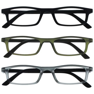 OPULIZE Ted Reading Glasses 3 Pack Narrow Matt Lightweight Frame Black Transparent Khaki Grey Spring Hinges Scratch Resistant Mens Womens RRR17-167 +2.00