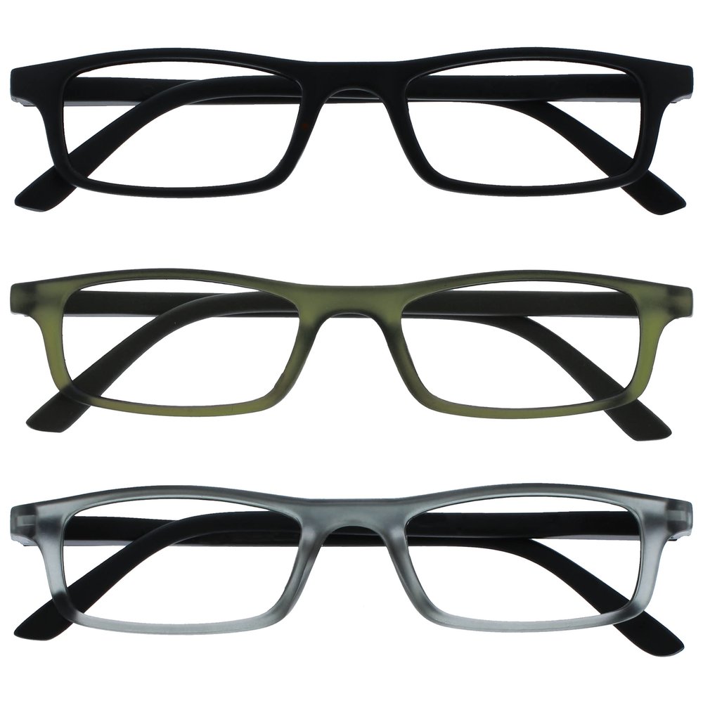 OPULIZE Ted Reading Glasses 3 Pack Narrow Matt Lightweight Frame Black Transparent Khaki Grey Spring Hinges Scratch Resistant Mens Womens RRR17-167 +2.00