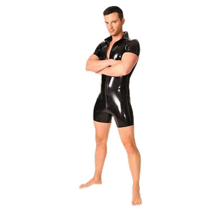 Black Short Sleeve Mens Latex T-Shirt Turn-down Collar Rubber Catsuit,Red,XL