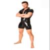 Black Short Sleeve Mens Latex T-Shirt Turn-down Collar Rubber Catsuit,Red,XL view 4
