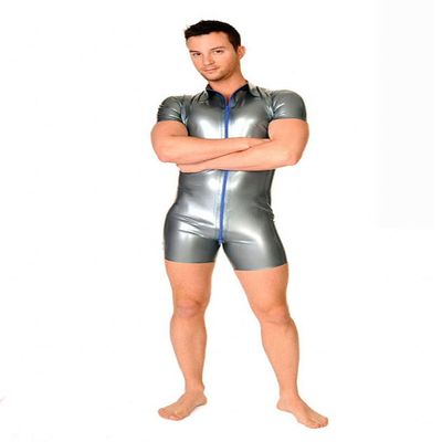 Black Short Sleeve Mens Latex T-Shirt Turn-Down Collar Rubber Catsuit,Black,S